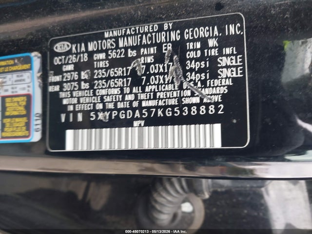 Продаж на аукціоні авто 2019 Kia Sorento 3.3l Lx, vin: 5XYPGDA57KG538882, номер лоту: 45070213