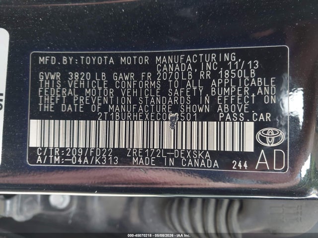 45070218 :رقم المزاد ، 2T1BURHEXEC068501 vin ، 2014 Toyota Corolla S Plus مزاد بيع