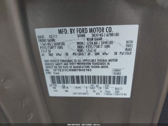 Aukcja sprzedaży 2011 Ford F-150 Xlt, vin: 1FTEX1CM8BFB02183, numer aukcji: 45070222