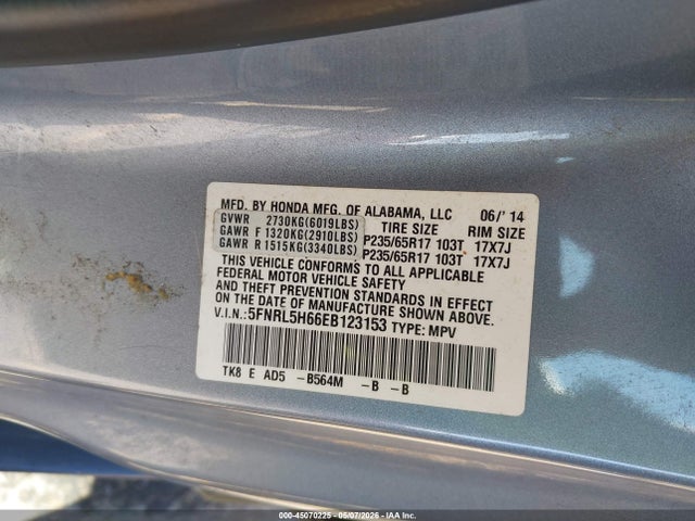 2014 Honda Odyssey Ex-l მანქანა იყიდება აუქციონზე, vin: 5FNRL5H66EB123153, აუქციონის ნომერი: 45070225