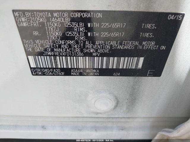 JTMRFREVXFD131386 Toyota Rav4 Xle