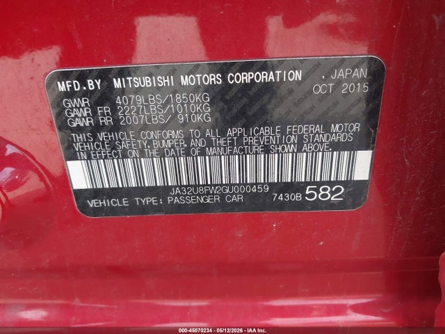 Aukcja sprzedaży 2016 Mitsubishi Lancer Gt, vin: JA32U8FW2GU000459, numer aukcji: 45070234