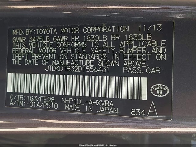 2013 Toyota Prius C One მანქანა იყიდება აუქციონზე, vin: JTDKDTB32D1556431, აუქციონის ნომერი: 45070236