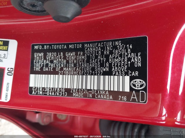 Aukcja sprzedaży 2015 Toyota Corolla Le, vin: 2T1BURHE6FC271127, numer aukcji: 45070237