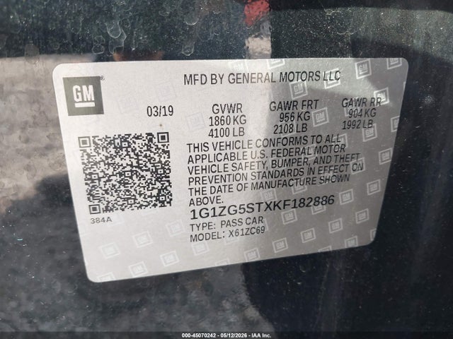 2019 Chevrolet Malibu Rs მანქანა იყიდება აუქციონზე, vin: 1G1ZG5STXKF182886, აუქციონის ნომერი: 45070242