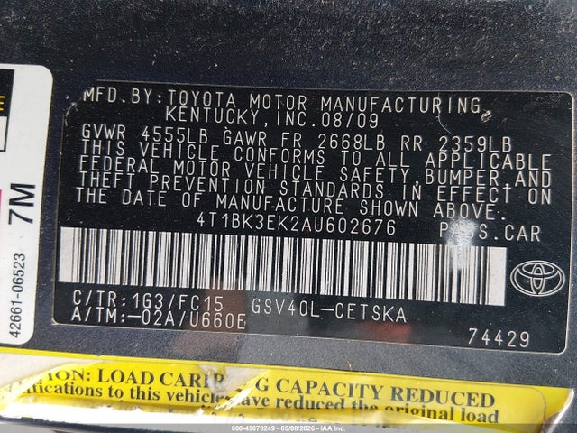 45070249 :رقم المزاد ، 4T1BK3EK2AU602676 vin ، 2010 Toyota Camry Se V6 مزاد بيع