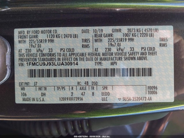 Aukcja sprzedaży 2020 Ford Escape Titanium, vin: 1FMCU9J93LUA30914, numer aukcji: 45070264