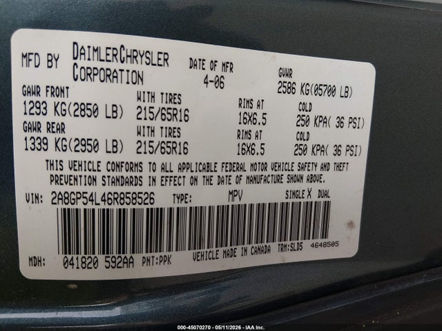 2006 Chrysler Town & Country Touring მანქანა იყიდება აუქციონზე, vin: 2A8GP54L46R858526, აუქციონის ნომერი: 45070270