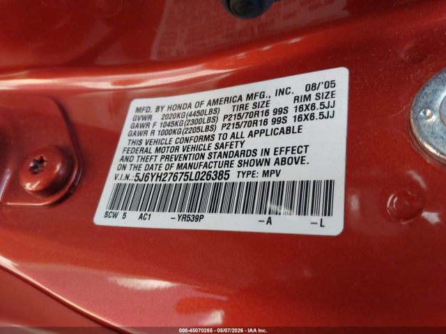 45070285 :رقم المزاد ، 5J6YH27675L026385 vin ، 2005 Honda Element Ex مزاد بيع