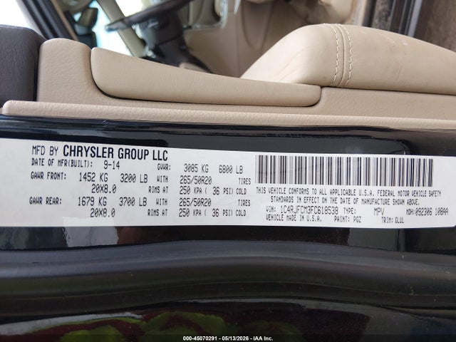 2015 Jeep Grand Cherokee Overland მანქანა იყიდება აუქციონზე, vin: 1C4RJFCM3FC618538, აუქციონის ნომერი: 45070291