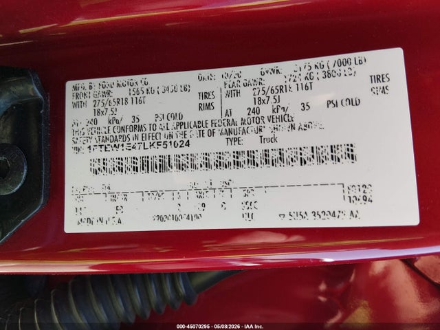 Aukcja sprzedaży 2020 Ford F-150 Xlt, vin: 1FTEW1E47LKF51024, numer aukcji: 45070295