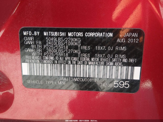 Aukcja sprzedaży 2013 Mitsubishi Outlander Se, vin: JA4JT3AW2DU008187, numer aukcji: 45070298