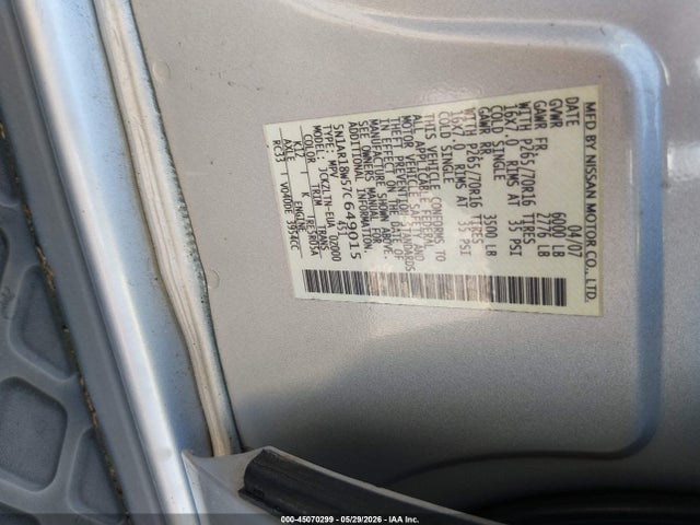 45070299 :رقم المزاد ، 5N1AR18W57C649015 vin ، 2007 Nissan Pathfinder Se مزاد بيع