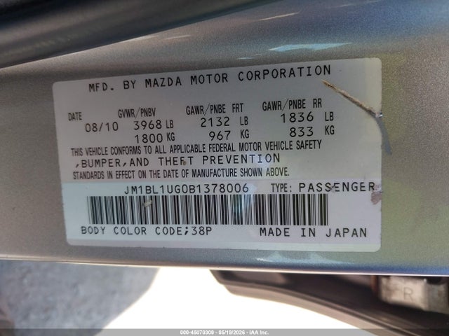 45070309 :رقم المزاد ، JM1BL1UG0B1378006 vin ، 2011 Mazda Mazda3 I Sport مزاد بيع