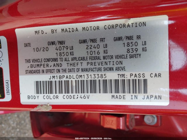 45070324 :رقم المزاد ، JM1BPADL0M1313385 vin ، 2021 Mazda Mazda3 Premium مزاد بيع