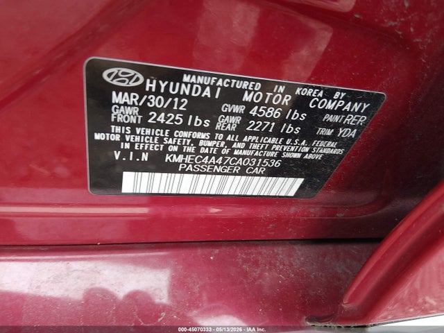 Aukcja sprzedaży 2012 Hyundai Sonata Hybrid, vin: KMHEC4A47CA031536, numer aukcji: 45070333