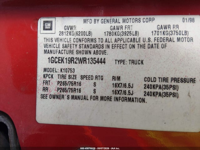 45070339 :رقم المزاد ، 1GCEK19R2WR135444 vin ، 1998 Chevrolet K1500 Fleetside مزاد بيع