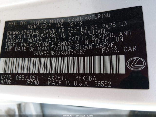 Aukcja sprzedaży 2019 Lexus Es 300h, vin: 58AB21B19KU004367, numer aukcji: 45070344
