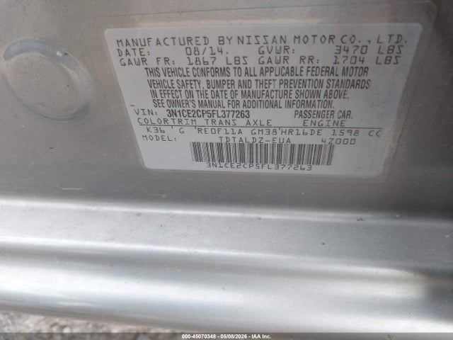45070348 :رقم المزاد ، 3N1CE2CP5FL377263 vin ، 2015 Nissan Versa Note S (sr)/s Plus/sl/sr/sv مزاد بيع