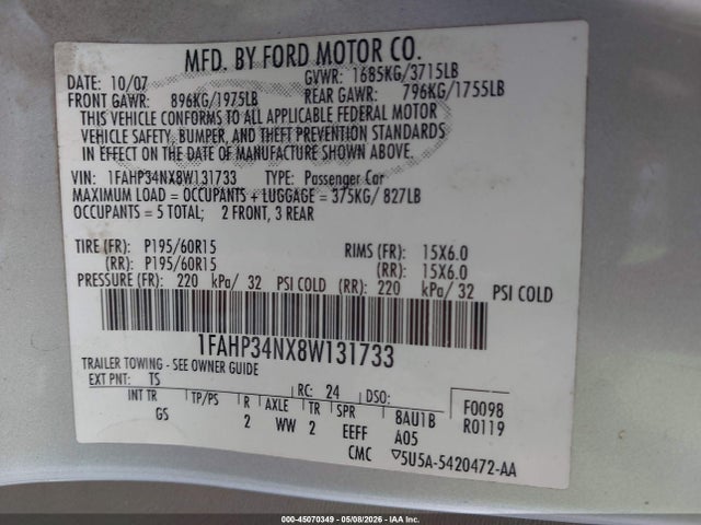 Aukcja sprzedaży 2008 Ford Focus S, vin: 1FAHP34NX8W131733, numer aukcji: 45070349