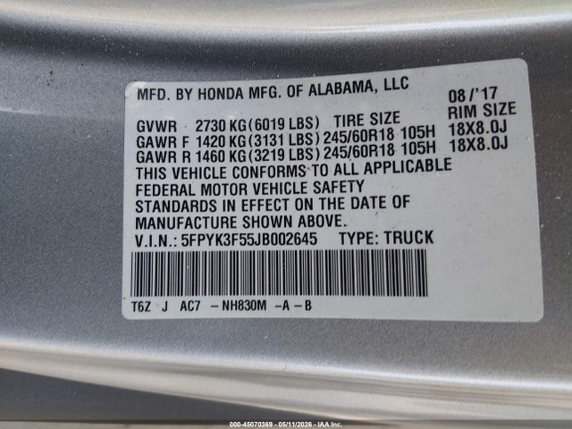 45070369 :رقم المزاد ، 5FPYK3F55JB002645 vin ، 2018 Honda Ridgeline Rtl مزاد بيع
