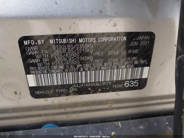 Aukcja sprzedaży 2022 Mitsubishi Outlander Es 2.5 S-awc, vin: JA4J4TA80NZ019076, numer aukcji: 45070373