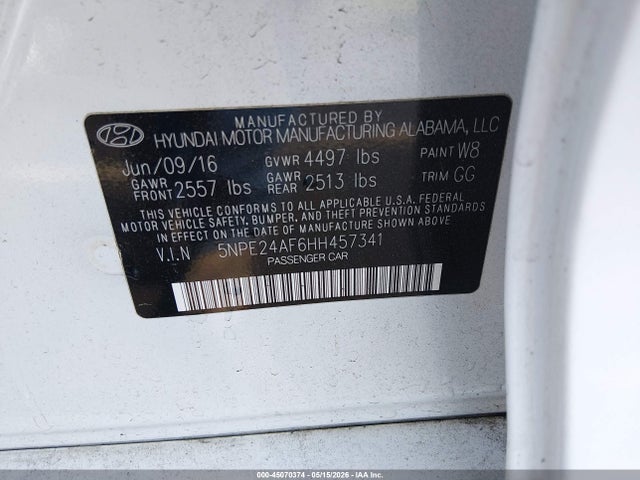 Aukcja sprzedaży 2017 Hyundai Sonata Se, vin: 5NPE24AF6HH457341, numer aukcji: 45070374