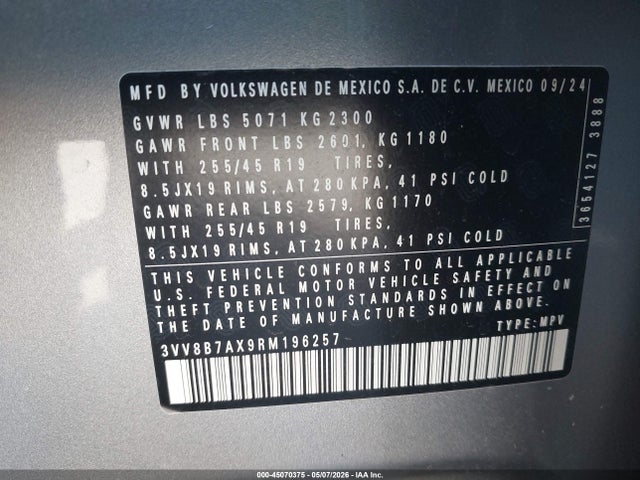 Продаж на аукціоні авто 2024 Volkswagen Tiguan 2.0t Se R-line Black, vin: 3VV8B7AX9RM196257, номер лоту: 45070375