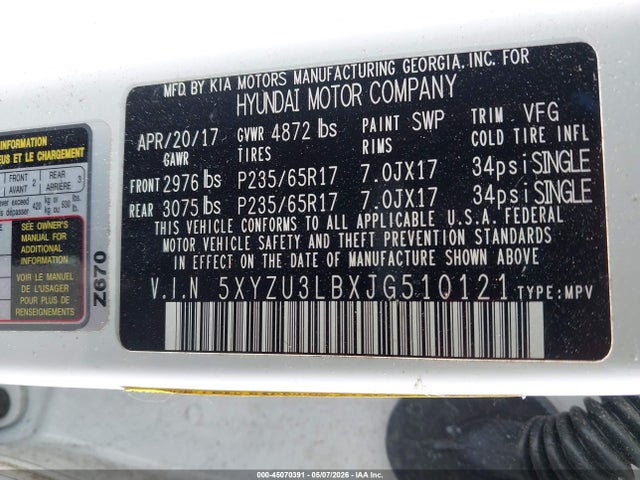 Продаж на аукціоні авто 2018 Hyundai Santa Fe Sport 2.4l, vin: 5XYZU3LBXJG510121, номер лоту: 45070391