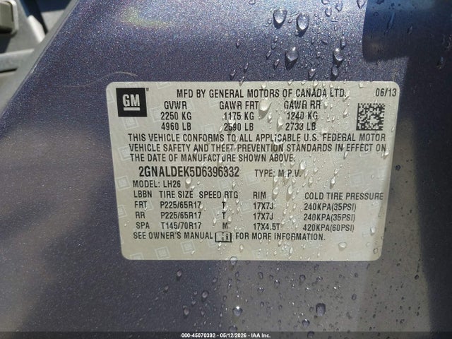 45070392 :رقم المزاد ، 2GNALDEK5D6396332 vin ، 2013 Chevrolet Equinox 1lt مزاد بيع