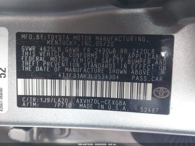 Aukcja sprzedaży 2020 Toyota Camry Xle Hybrid, vin: 4T1F31AK3LU534304, numer aukcji: 45070395