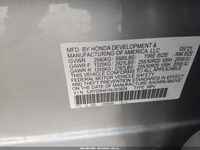 Aukcja sprzedaży 2022 Acura Mdx Technology Package, vin: 5J8YD9H41NL003824, numer aukcji: 45070396