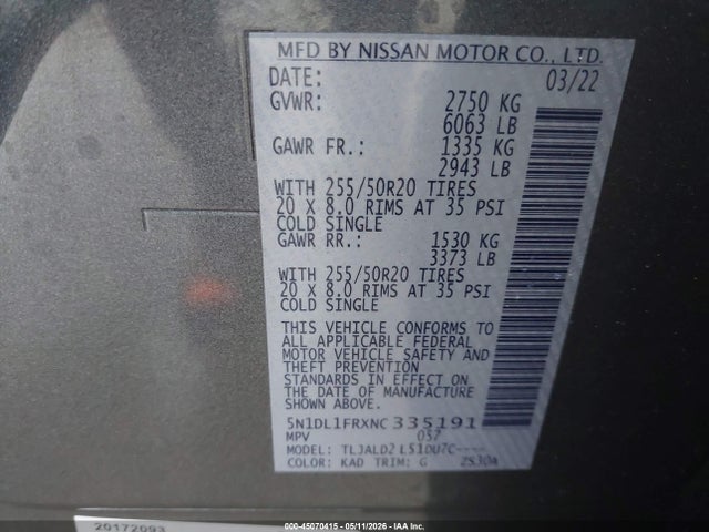 5N1DL1FRXNC335191 Infiniti QX60 LUXE