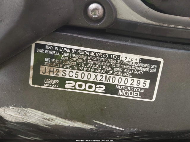Продаж на аукціоні авто 2002 Honda Cbr900 Rr, vin: JH2SC500X2M000295, номер лоту: 45070424