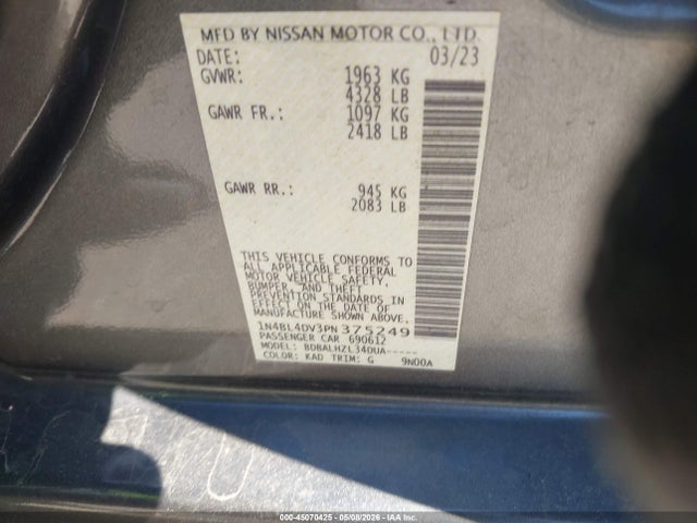 Продаж на аукціоні авто 2023 Nissan Altima Sv Fwd, vin: 1N4BL4DV3PN375249, номер лоту: 45070425