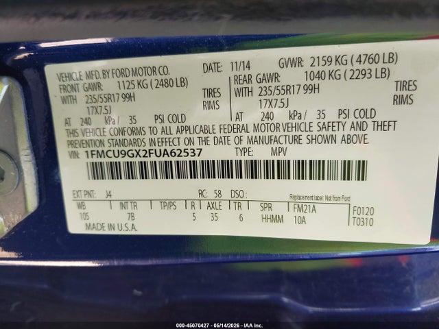 2015 Ford Escape Se მანქანა იყიდება აუქციონზე, vin: 1FMCU9GX2FUA62537, აუქციონის ნომერი: 45070427