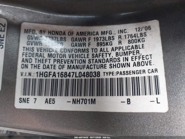 Продажа на аукционе авто 2007 Honda Civic Ex, vin: 1HGFA16847L048038, номер лота: 45070430