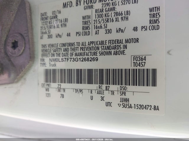 45070431 :رقم المزاد ، NM0LS7F73G1268269 vin ، 2016 Ford Transit Connect Xlt مزاد بيع