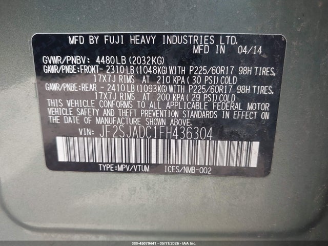 Aukcja sprzedaży 2015 Subaru Forester 2.5i Premium, vin: JF2SJADC1FH436304, numer aukcji: 45070441