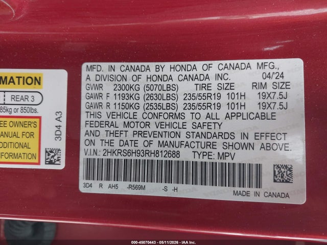 45070443 :رقم المزاد ، 2HKRS6H93RH812688 vin ، 2024 Honda Cr-v Hybrid Sport Touring مزاد بيع