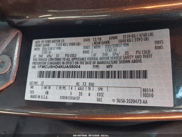 45070446 :رقم المزاد ، 1FMCU9HD4KUA58004 vin ، 2019 Ford Escape Sel مزاد بيع