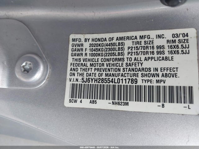 2004 Honda Element Ex მანქანა იყიდება აუქციონზე, vin: 5J6YH28554L011789, აუქციონის ნომერი: 45070448