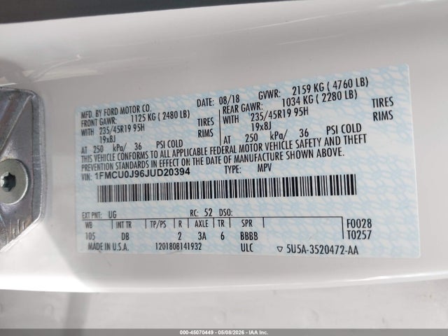 Продажа на аукционе авто 2018 Ford Escape Titanium, vin: 1FMCU0J96JUD20394, номер лота: 45070449