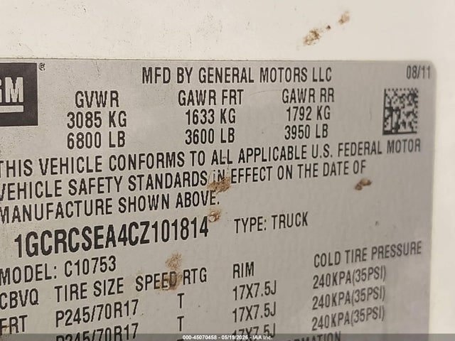 Продаж на аукціоні авто 2012 Chevrolet Silverado 1500 Lt, vin: 1GCRCSEA4CZ101814, номер лоту: 45070458