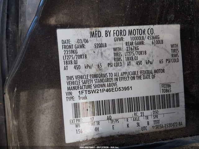 Aukcja sprzedaży 2006 Ford F-250 Lariat/xl/xlt, vin: 1FTSW21P46ED53951, numer aukcji: 45070461