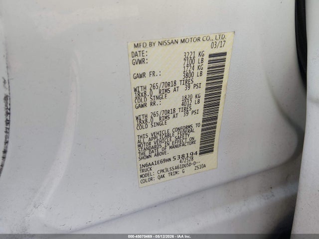 Aukcja sprzedaży 2017 Nissan Titan Sv, vin: 1N6AA1E69HN538194, numer aukcji: 45070469