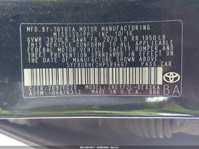 Aukcja sprzedaży 2017 Toyota Corolla Se, vin: 5YFBURHE2HP589667, numer aukcji: 45070477