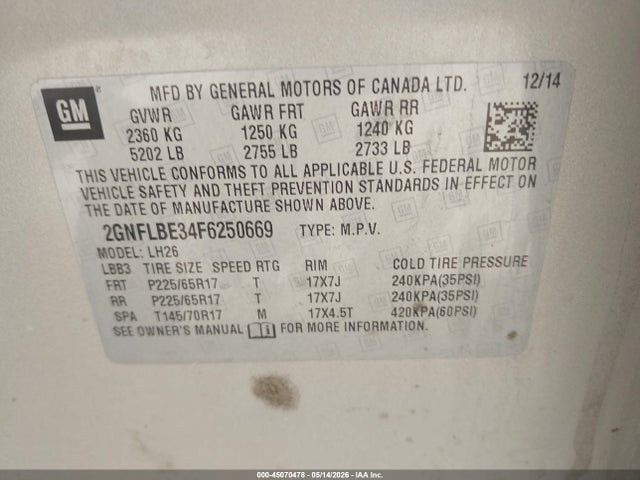 Aukcja sprzedaży 2015 Chevrolet Equinox 1lt, vin: 2GNFLBE34F6250669, numer aukcji: 45070478
