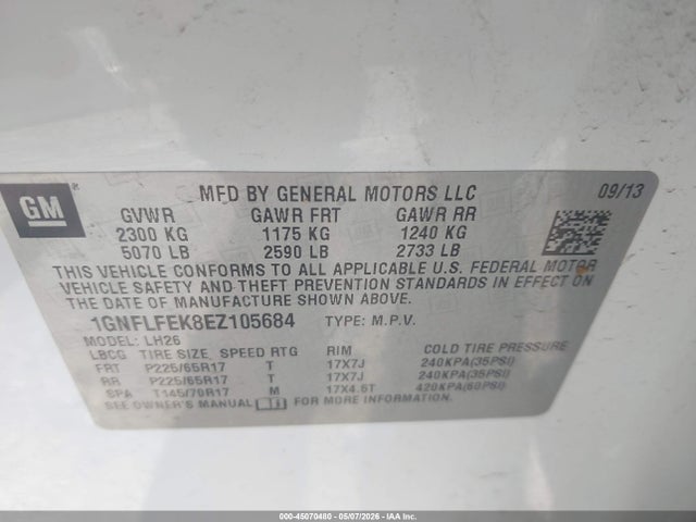 Aukcja sprzedaży 2014 Chevrolet Equinox 1lt, vin: 1GNFLFEK8EZ105684, numer aukcji: 45070480