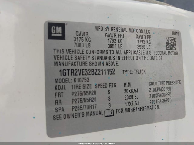 45070489 :رقم المزاد ، 1GTR2VE32BZ211152 vin ، 2011 Gmc Sierra 1500 Sle مزاد بيع